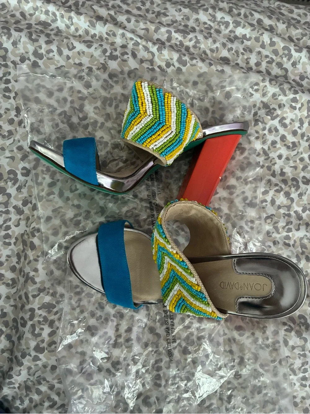 Joan & David Beaded Chevron Heels in Turquoise and Yellow